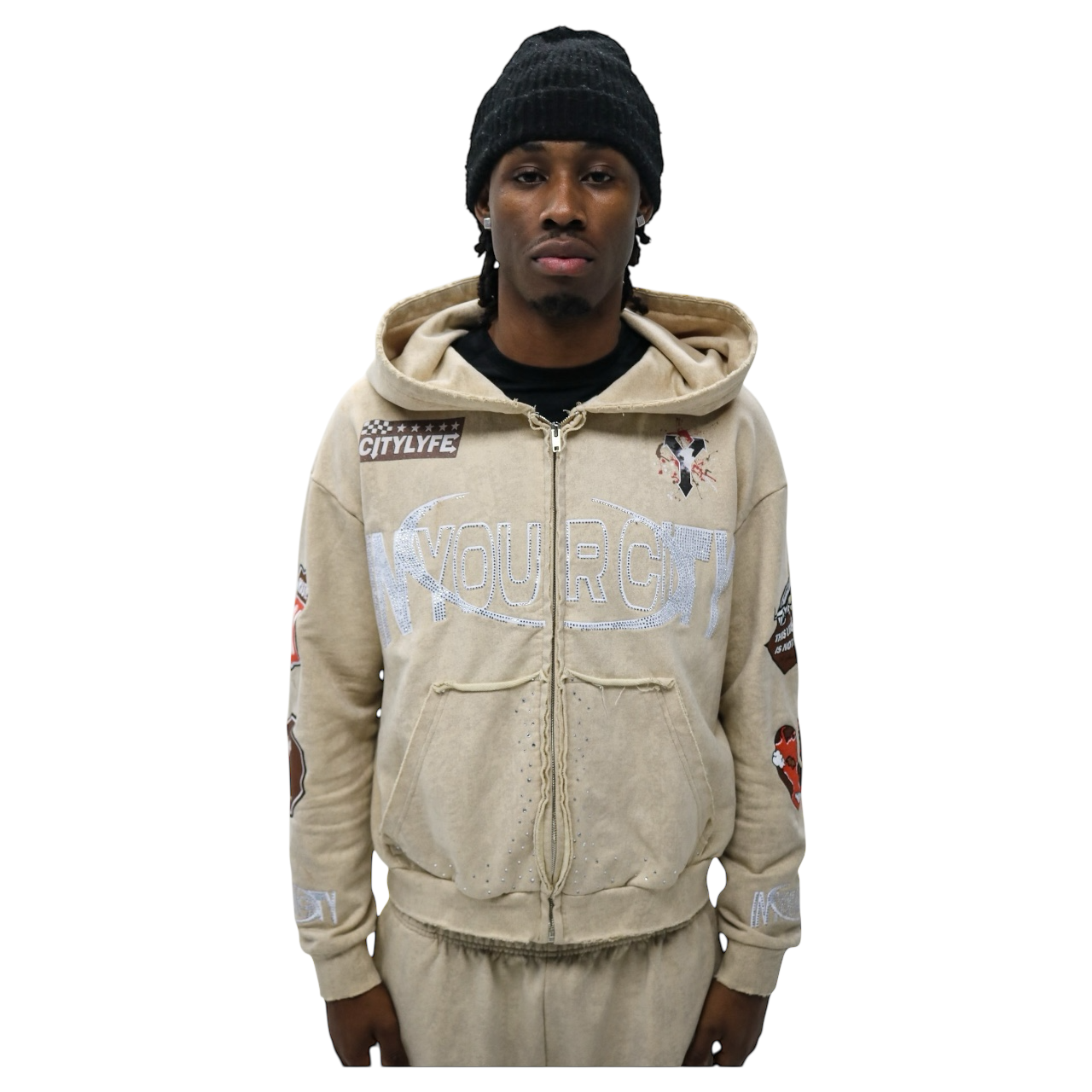 Beige “ VVS Route 99 “ Distressed Hoodie
