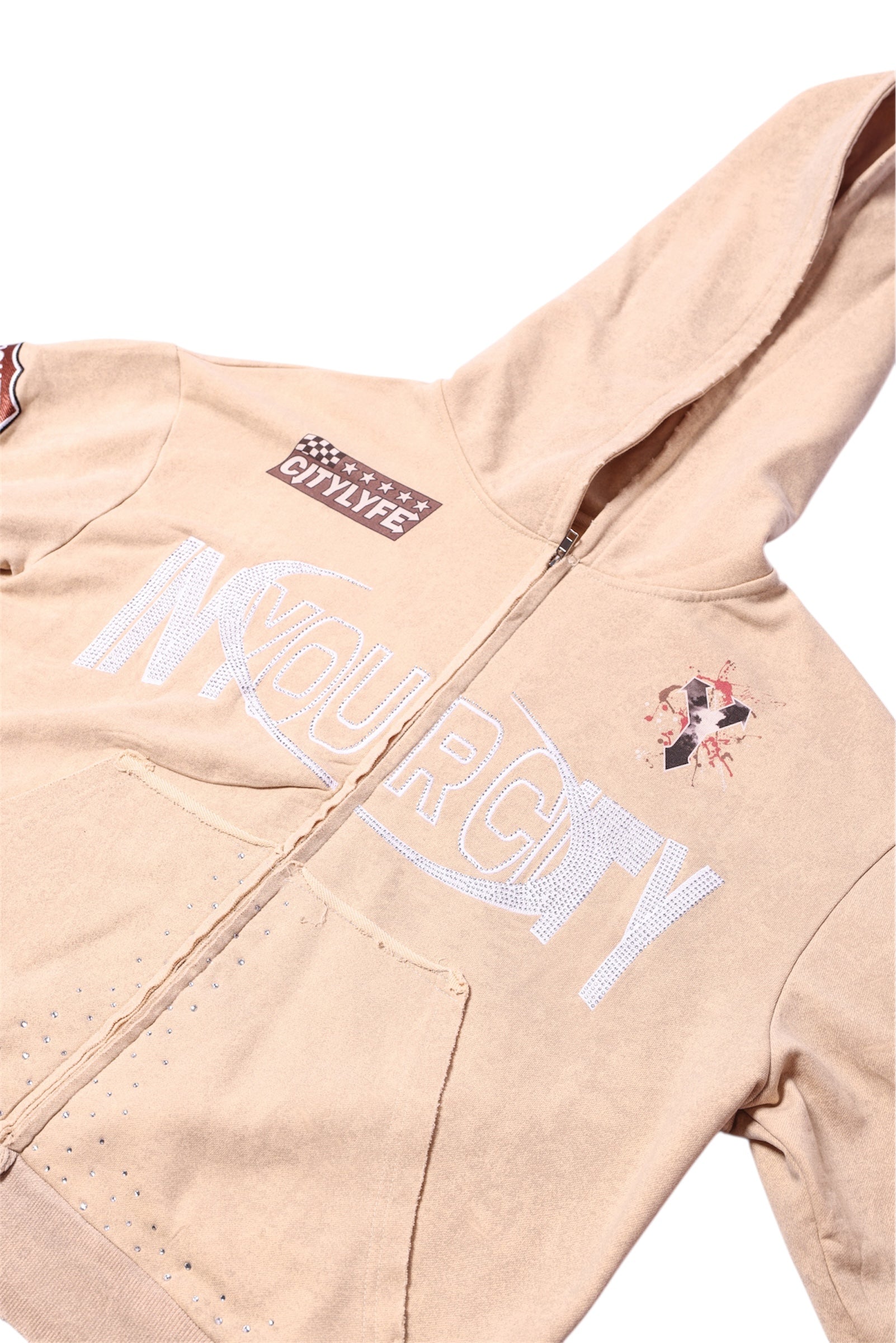 Beige “ VVS Route 99 “ Distressed Hoodie
